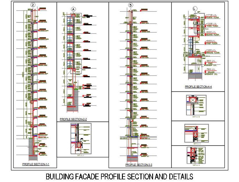 Building Facade Profile CAD- RCC Beams, Slabs & Glazing Details